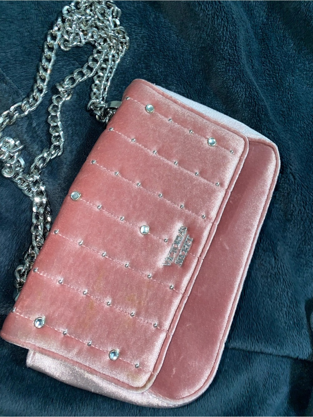 Victoria's Secret Pink Velvet Studded Crossbody Bag with Chain - Flawless